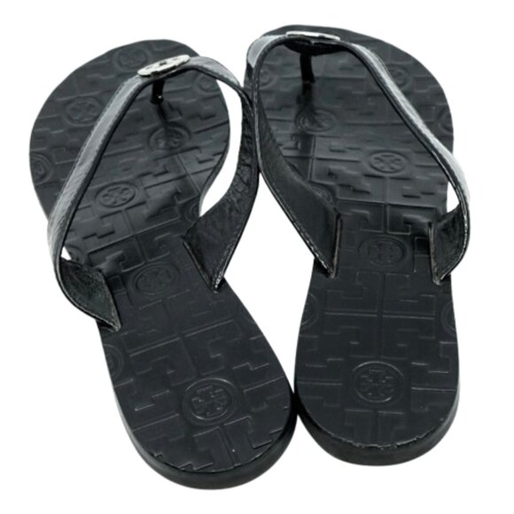 TORY BURCH~Thora~BLACK PATENT LEATHER SANDALS FLIP FLOP WOMENS SHOES Size 8 - Picture 4 of 7